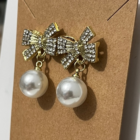 Gold Tone Rhinestone Bow Pearl Drop Earrings Women‎ Holiday Event - Picture 2 of 6